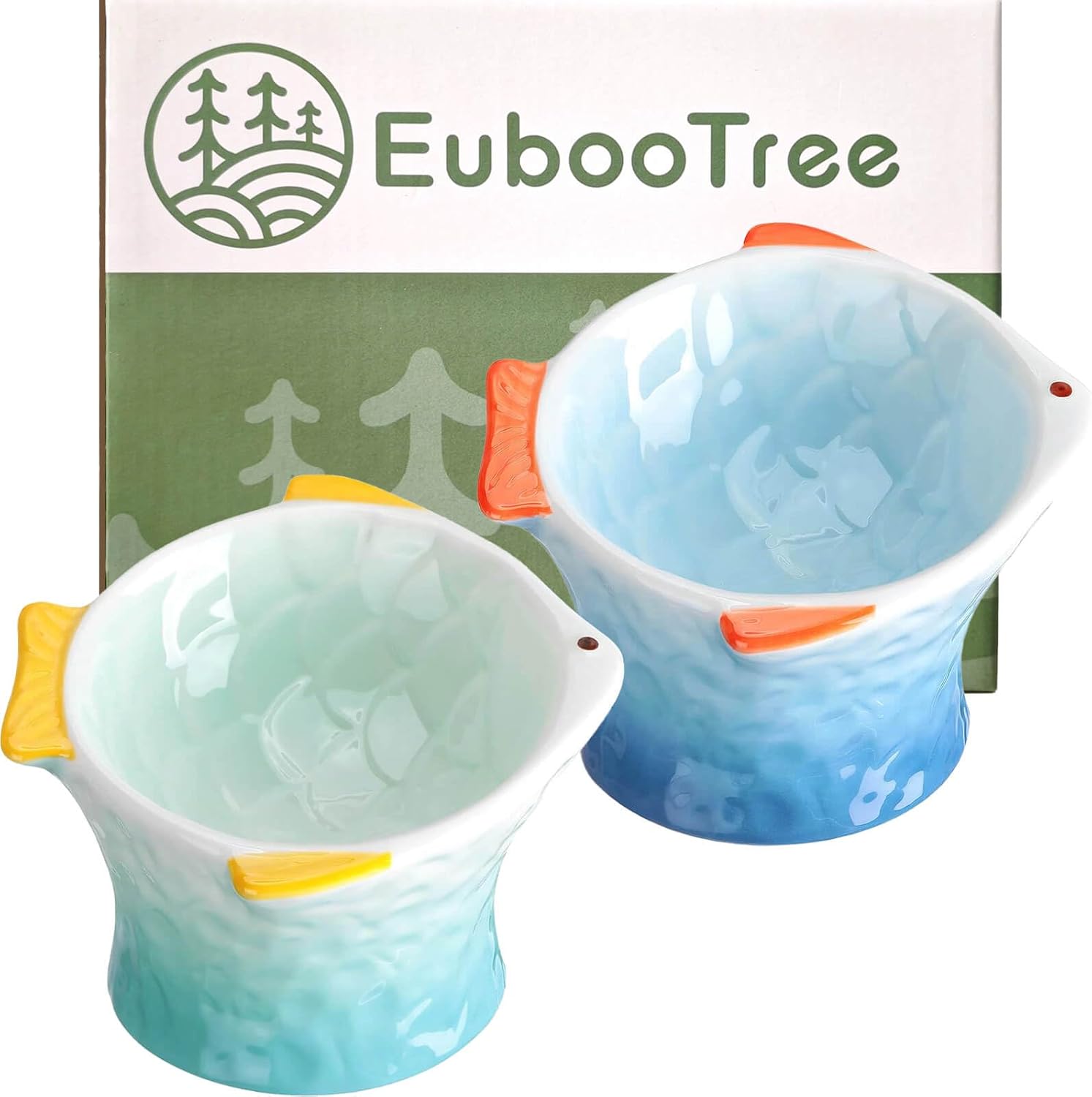 EubooTree Ceramic Raised Cat Food Bowl Elevated Set of 2, Shallow Tilted, Anti Vomiting, Whisker friendly, Nonslip, Cute Fish Cat Bowls for Dry Wet Food, for Small Indoor Cat, Blue\/Green