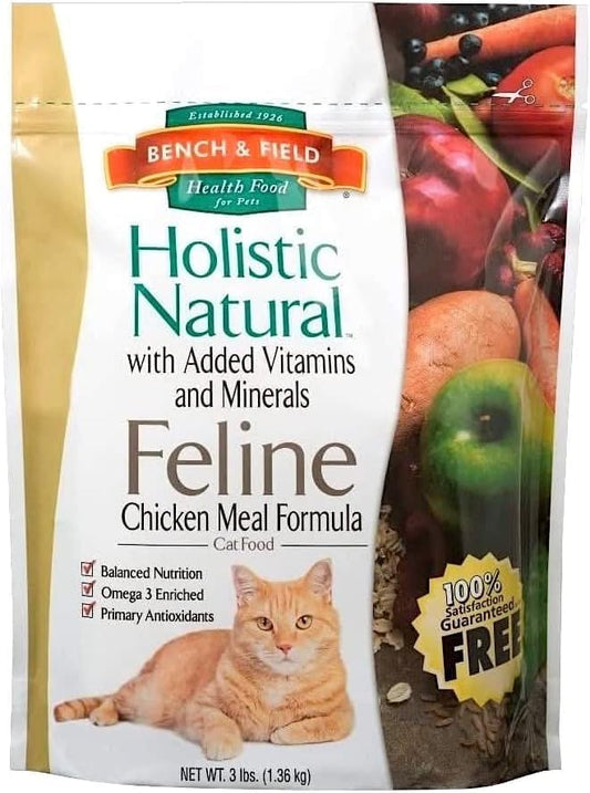 Bench & Field Holistic Natural Premium Adult Dry Cat Food, Chicken Meal and Brown Rice Recipe 3 lb Bags (Pack of 3)