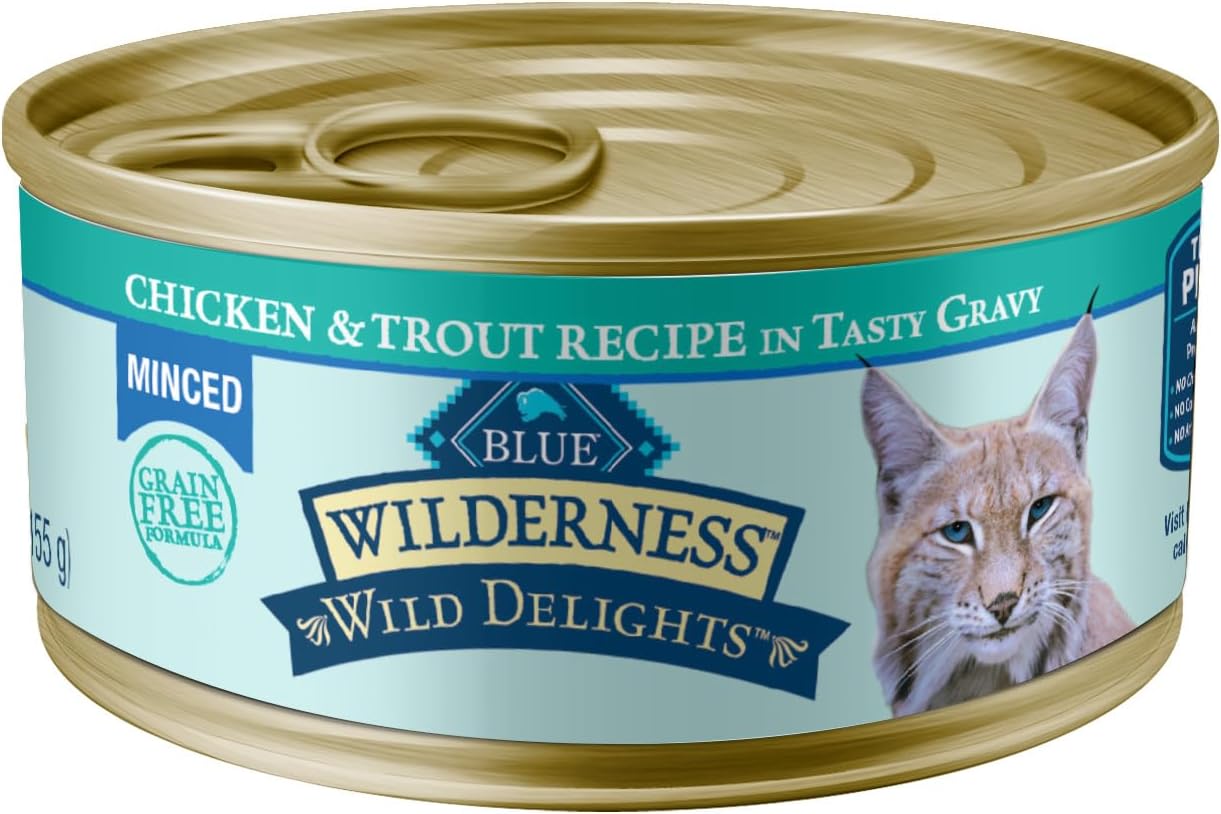 Blue Buffalo Wilderness Wild Delights Minced Wet Cat Food, High-Protein & Grain-Free, Made with Natural Ingredients, Chicken & Trout Recipe in Tasty Gravy, 5.5-oz. Cans (24 Count)