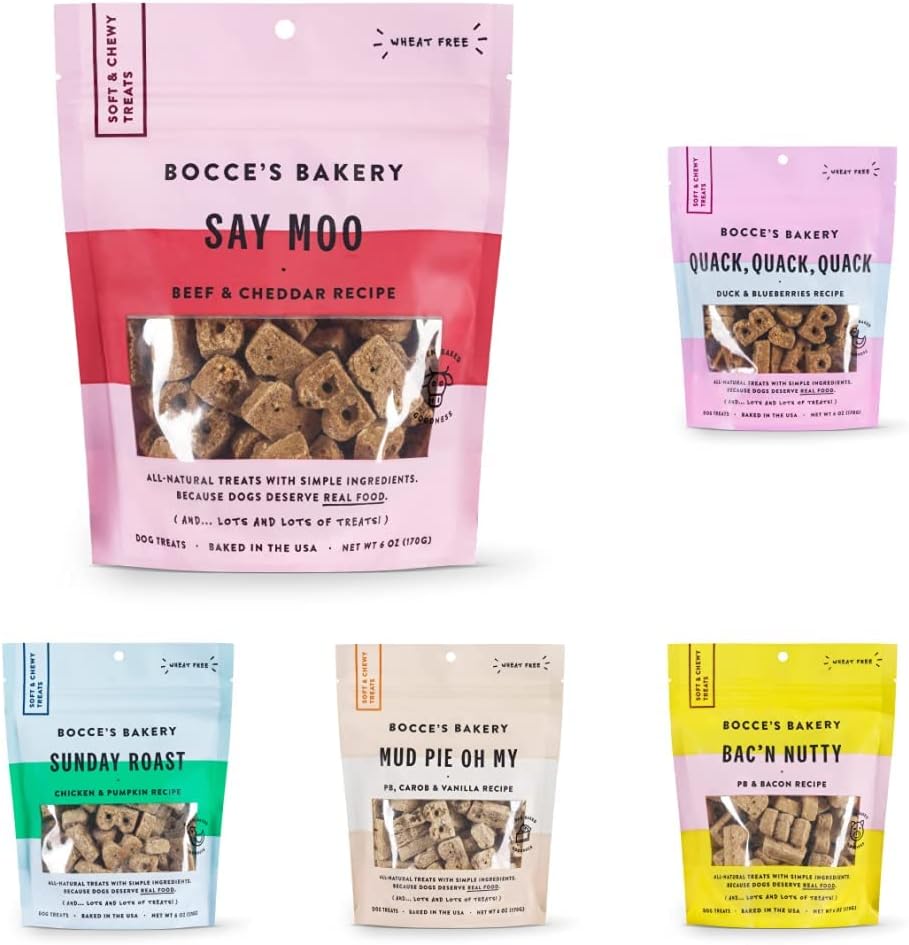 Bocce's Bakery Oven Baked Treat Bundle for Dogs, Wheat-Free Everyday Dog Treats, Made with Real Ingredients, Baked in The USA, All-Natural Soft & Chewy Cookies, 6 oz