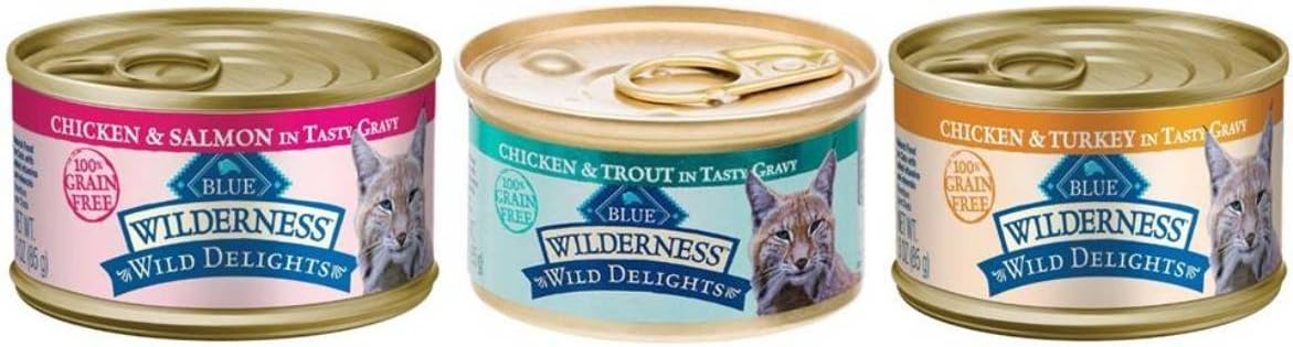 Blue Buffalo Wilderness Wild Delights Grain-Free Natural Cat Food 3 Flavor Variety 6 Can Bundle, (2) Each: Chicken & Turkey, Chicken & Salmon, and Chicken & Trout (3 Ounces)