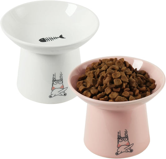 WUHOSTAM 6.5 Inch Extra Wide Ceramic Raised Cat Bowls, Elevated Cat Food and Water Bowl, Prevent Vomiting Pet Feeding Dish, Protect Pet's Spine for Elder Big Cats, 2 Pack(White&Pink)