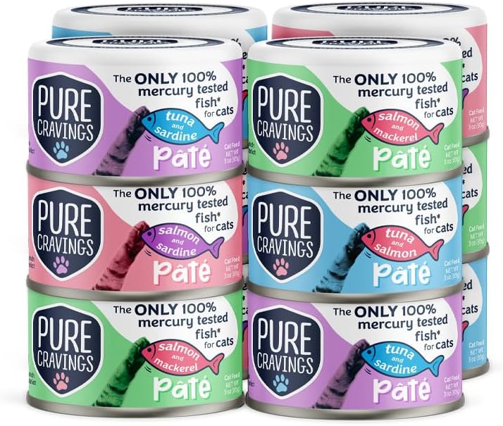 Pure Cravings Pate, Canned Wet Cat Food, 100% Mercury-Tested, Moist Can Fish, Grain-Free Protein, Non-GMO, Variety Pack of 12-3X Tuna\/Salmon, 3X Tuna\/Pumpkin, 3X Tuna\/Sardine, 3X Salmon\/Sardine