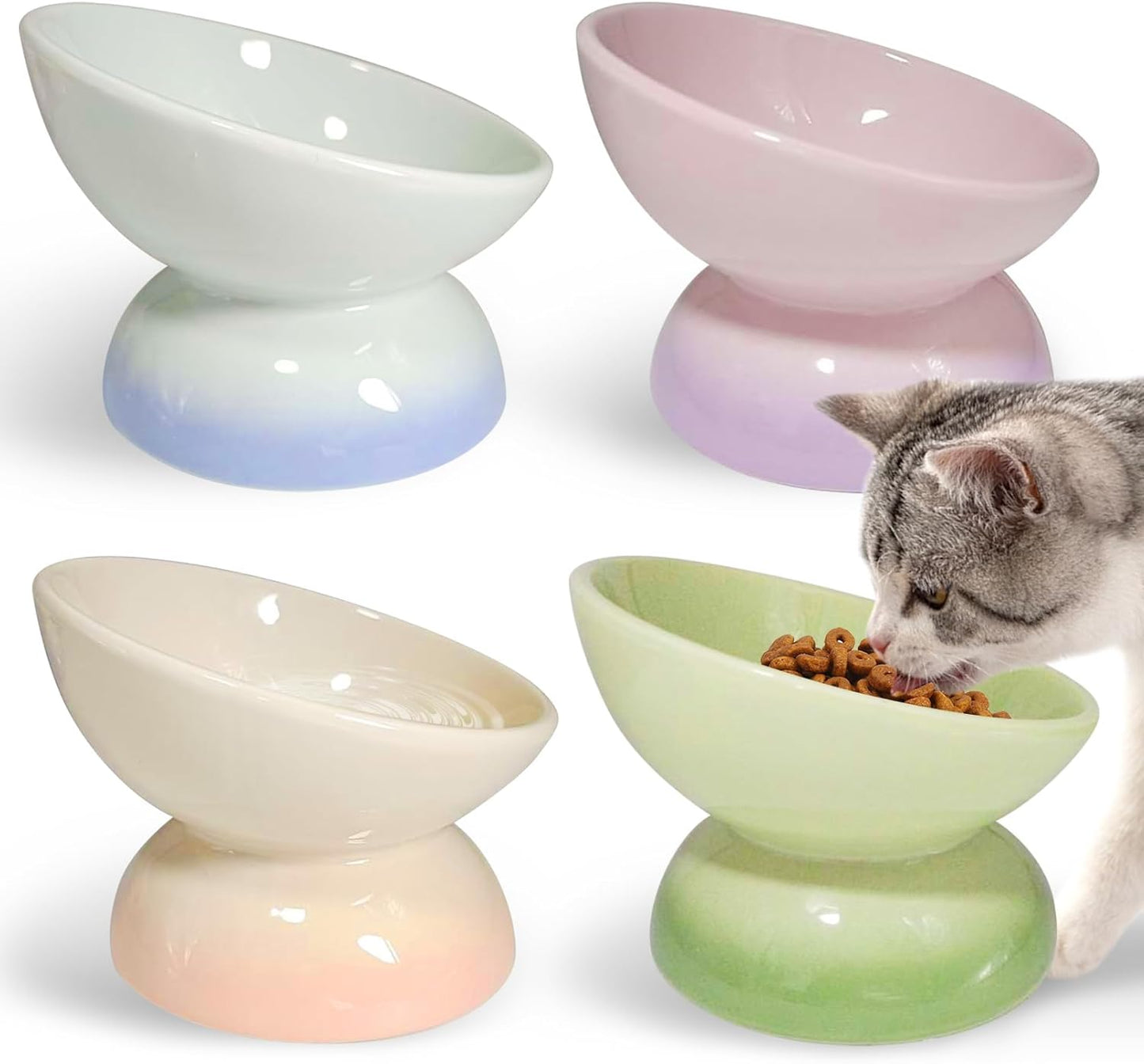 kathson 4 Pcs Ceramic Raised Cat Bowls, Elevated Tilted Cat Food Bowl, Anti Vomiting Pet Food Bowl, Colorful Porcelain Pet Feeder Dish for Cats and Small Dogs,Stress Free, Whisker Fatigue