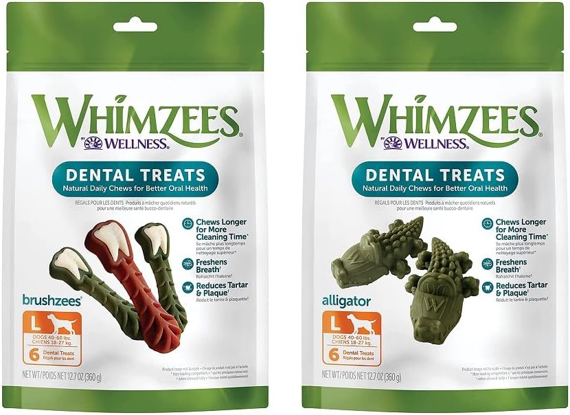 Whimzees Natural Grain Free Dental Dog Treats, Brushzees & Alligator, Large (Two 6-Count Bags), Variety Bundle