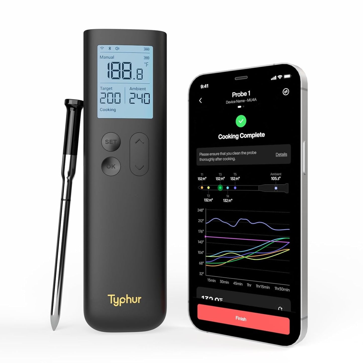 Typhur SYNC Gold Lite Wireless Meat Thermometer | Slim Probe | 10x Stronger Signal Than Bluetooth | Reliable Readings Through Closed Smoker, Kamado Grill, BBQ, and Tough Obstacles | Easy-to-Use Base