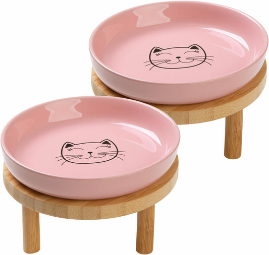 Lusifaco Shallow Elevated Cat Bowls,5.9 Inch Wide Raised Ceramic Cat Dishes with Bamboo Stand, Whisker Friendly Pet Water or Food Plates Feeding Station for Indoor Cats, Kitten(Pink,Set of 2)