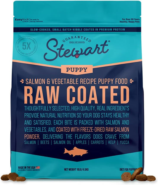 Stewart Puppy Raw Coated Dog Food, Salmon & Vegetable Recipe, 10 Pound Bag, Freeze Dried Salmon Powder Coating