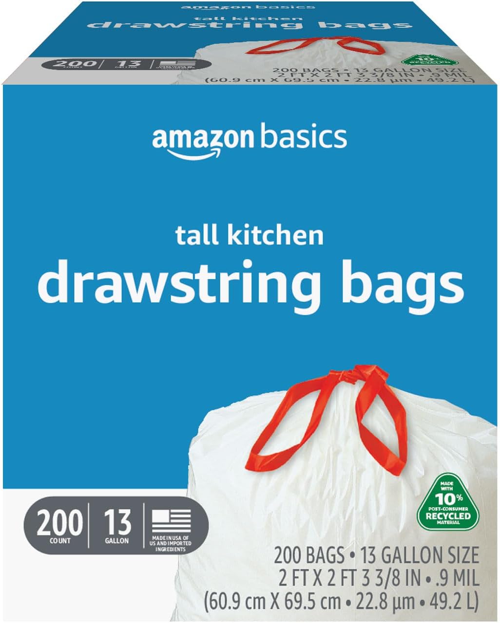 Amazon Basics - Tall Kitchen Trash Bags, 13 Gallon,10% Post Consumer Recycled Content, Unscented, 200 Count, Pack of 1