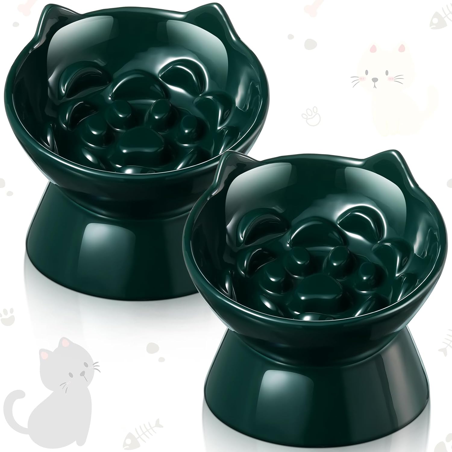 Funnymoom 2 Pcs Ceramic Slow Feeder Raised Cat Bowl Elevated Cat Food Bowl for Dry Wet Food and Water Easy to Clean High Edge Pet Bowls for Cats and Small Dogs, Dishwasher Safe(Dark Green)