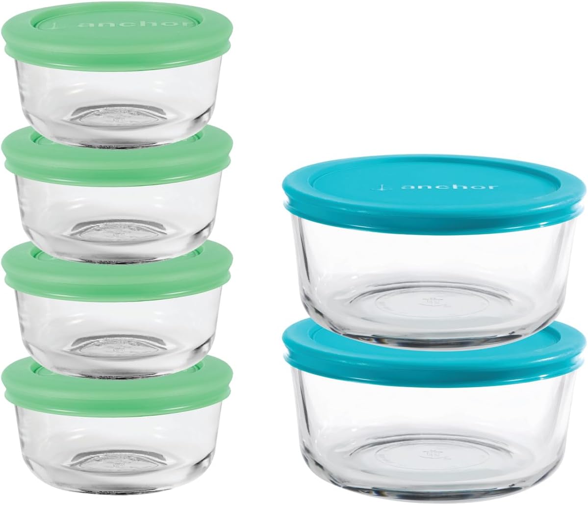 Anchor Hocking 12 Piece Glass Storage Containers with Lids (6 Glass Food Storage Containers & 6 Mixed Blue SnugFit Lids)