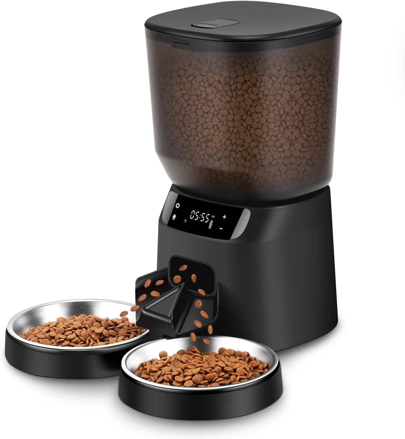 Automatic Cat Feeders for Two Cats, 5L\/20 Cups Double Automatic Cat Food Dispenser with 2 Stainless Bowls,10s Meal Call and Timer Setting 20 Portions 6 Meals Per Day,Pet Feeder for Cat and Dog Black