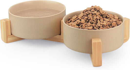 Ptlom Ceramic Pet Bowls for Dog and Cat, No Spill Dog Food and Water Bowl Set with Anti-Slip Wooden Stand, Riased Puppy Feeding Dishes Suitable for Small, Medium and Large Cats Dogs, Khaki 28 OZ