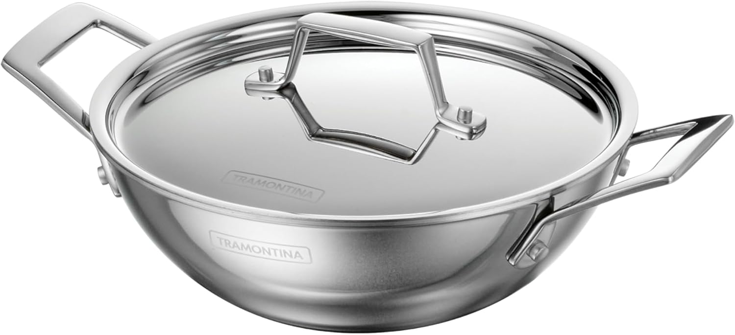 Tramontina Utsava 1.8-Quart Tri-Ply Clad Stainless Steel Kadai with Lid, Kadhai Pot for Indian Cooking