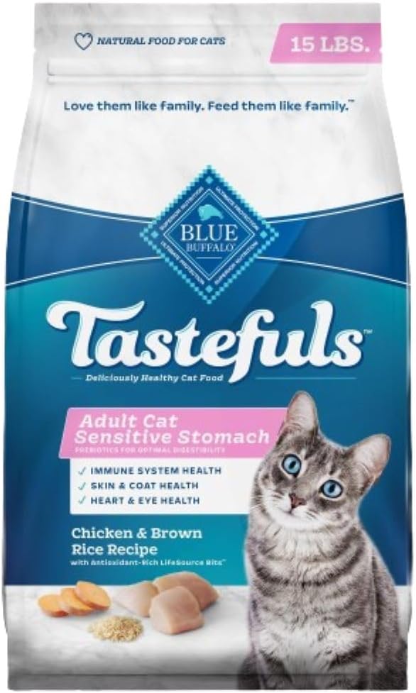 Blue Buffalo Tastefuls Natural Dry Food for Adult Cats, Sensitive Stomach, Chicken & Brown Rice Recipe, 15-lb Bag