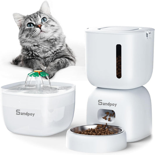 Sandpoy Automatic Cat Feeder and Water Dispenser FW1, 3L Cat Food Dispenser with Locking Lid, Two-in-One Set Timed Cat Feeder for Cats and Puppies, Pet Feeder with Portion Control, 4 Daily Meals