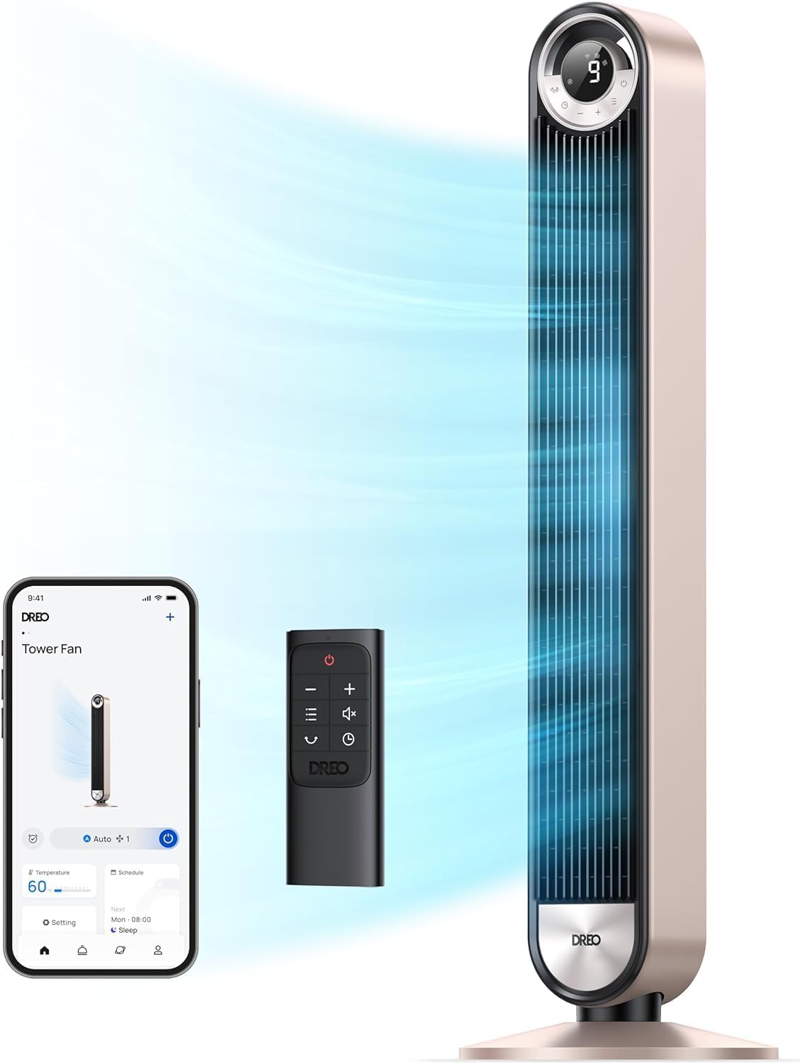 Dreo Smart Tower Fans for Home, 90° Oscillating Fan Bedroom Indoors, Voice Control Floor with 12H Timer, 42 Inch Quiet Bladeless Standing LED Display, 9 Speeds, Work Alexa\/Google