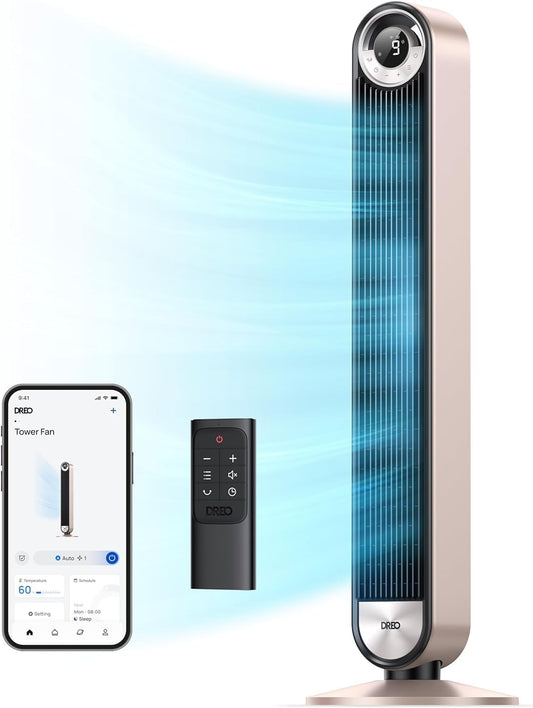 Dreo Smart Tower Fans for Home, 90° Oscillating Fan Bedroom Indoors, Voice Control Floor with 12H Timer, 42 Inch Quiet Bladeless Standing LED Display, 9 Speeds, Work Alexa\/Google