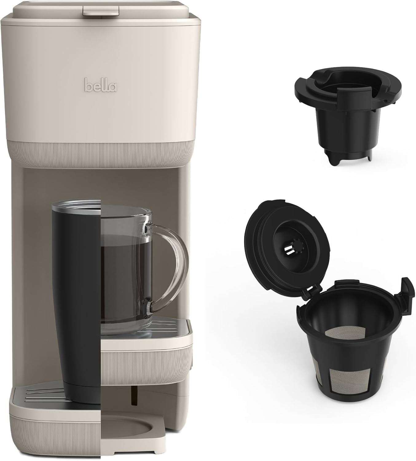 BELLA Single Serve Coffee Maker, K Cup & Coffee Ground Compatible with Removable, Adjustable Drip Tray, Auto Shutoff & Reusable Dishwasher Safe Accessories, Brews 6oz to 14oz, 1000 Watt, Oatmilk