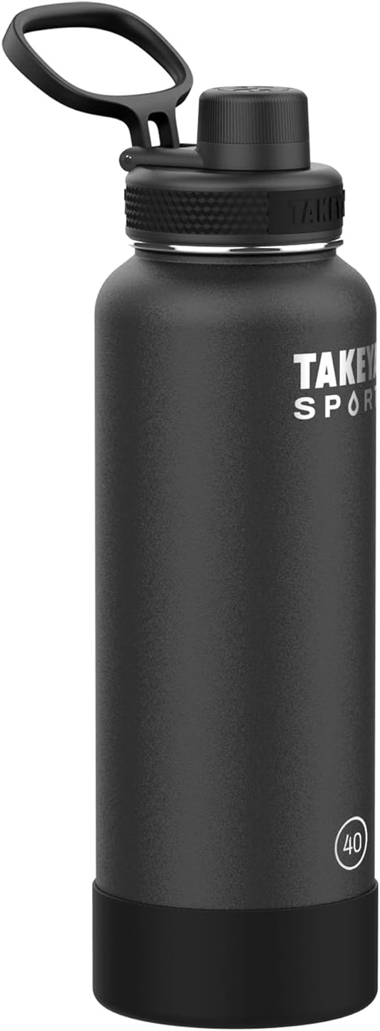 Takeya Sport 40 oz Triple Wall Insulated Stainless Steel Water Bottle With Ice Blocking Spout Lid, Unmatched Quality, 26+ Hours Cold, Grand Slam Black