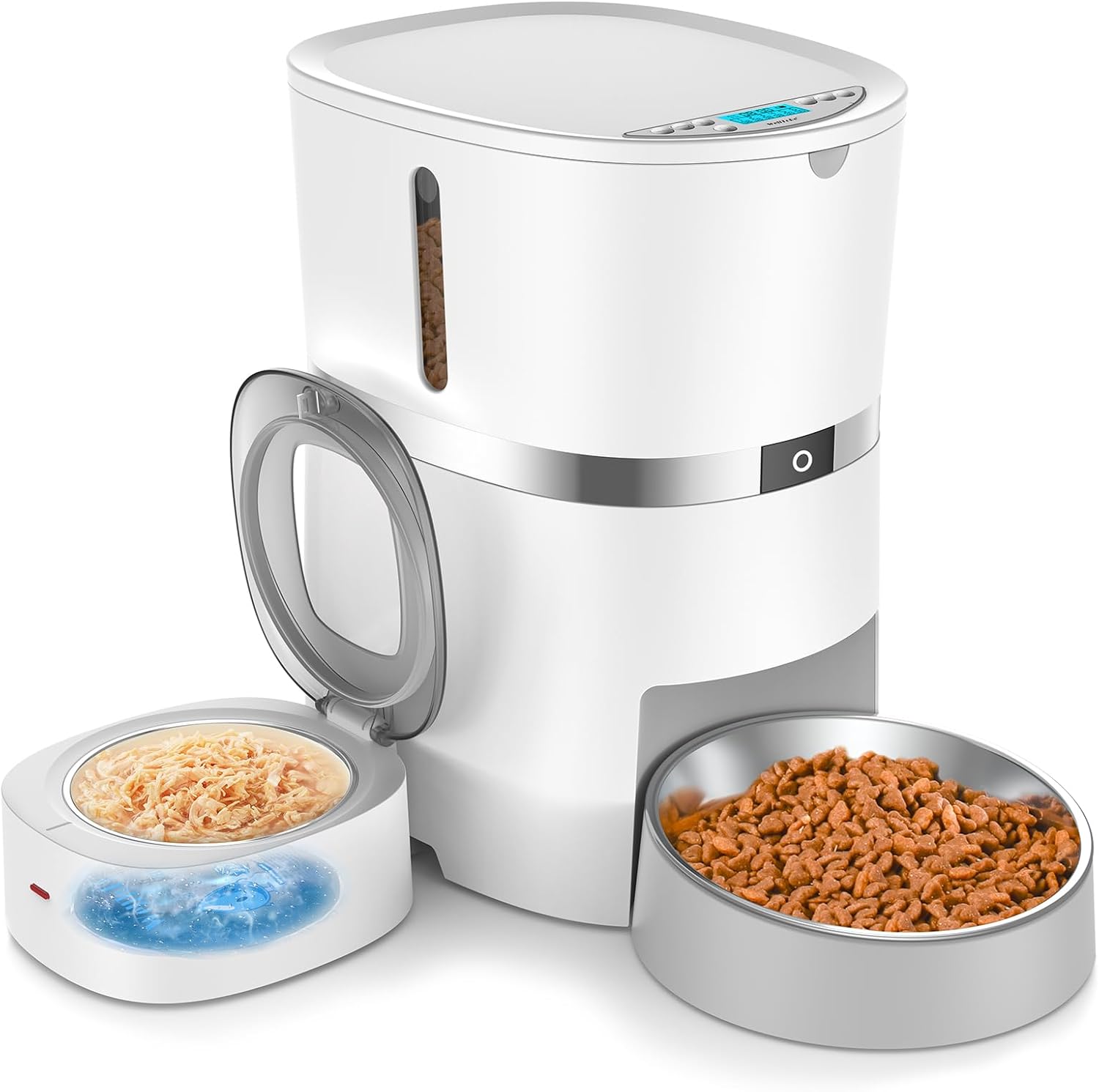 WellToBe Automatic Cat Feeder for Wet Food with Ice Pack and Freshness Dry Food Desiccant for Cats and Small Dogs, Timed Automatic Pet Feeder with Voice Recorder, 1-6 Meals Control, Dual Power Supply