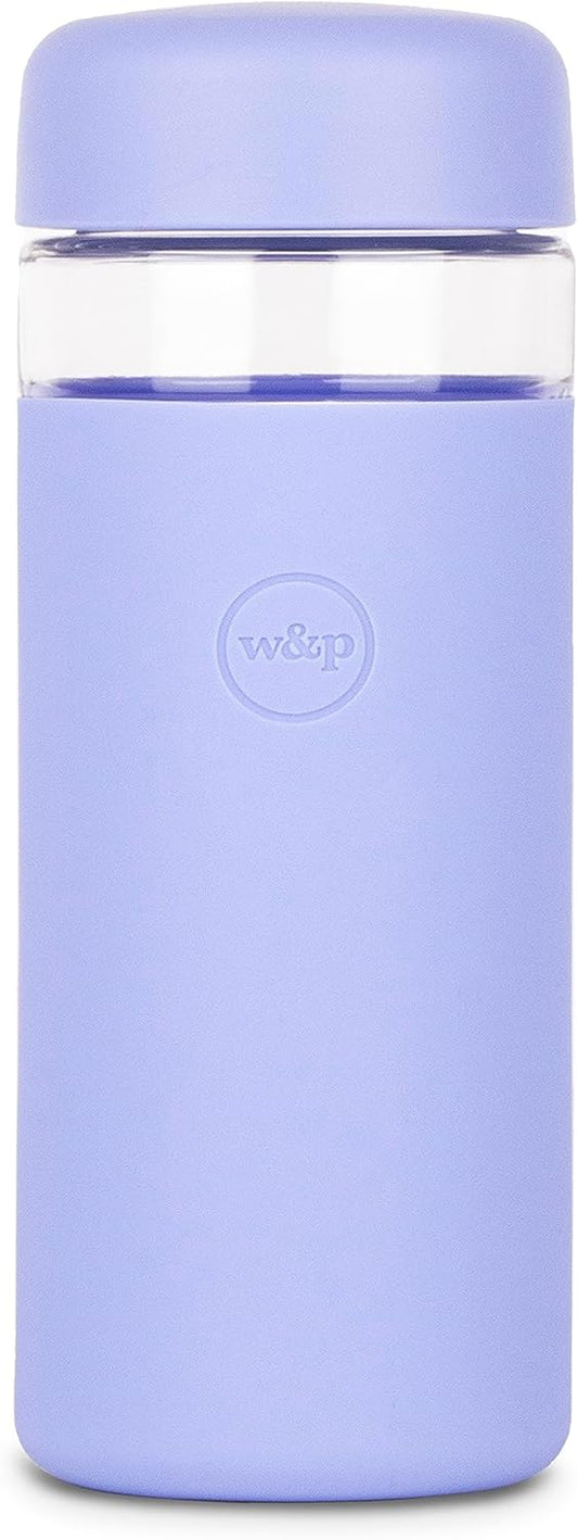 W&P Porter Glass Wide Mouth Water Bottle with Protective Silicone Sleeve, Lavender 16oz, Leak-Proof Reusable Bottle, Dishwasher Safe, Borosilicate Glass