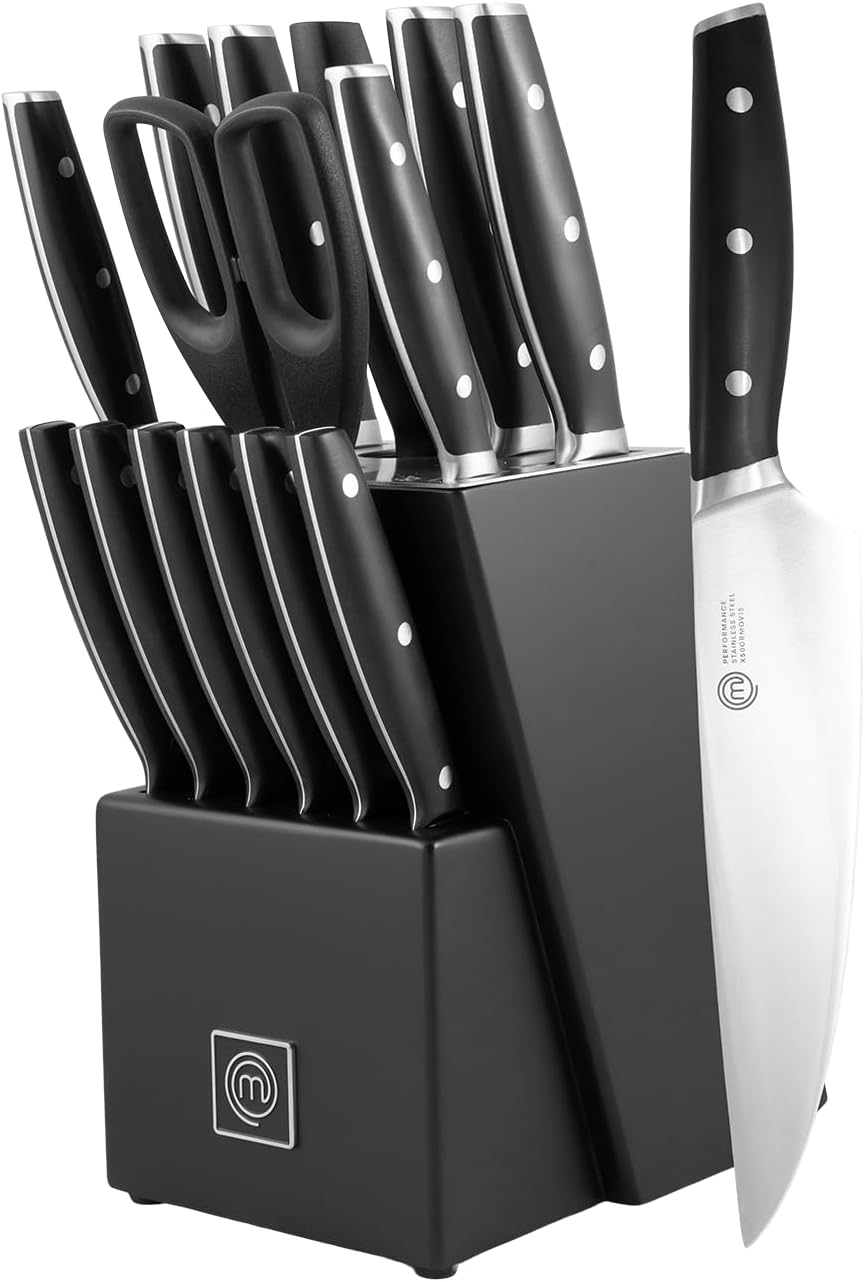 MasterChef Kitchen Knife Set with Block and Sharpener Plus Scissors, 15pc Chef Knife Set of Professional Grade Kitchen Knives with Sharpened High Carbon Stainless Steel Blades & Triple Riveted Handles