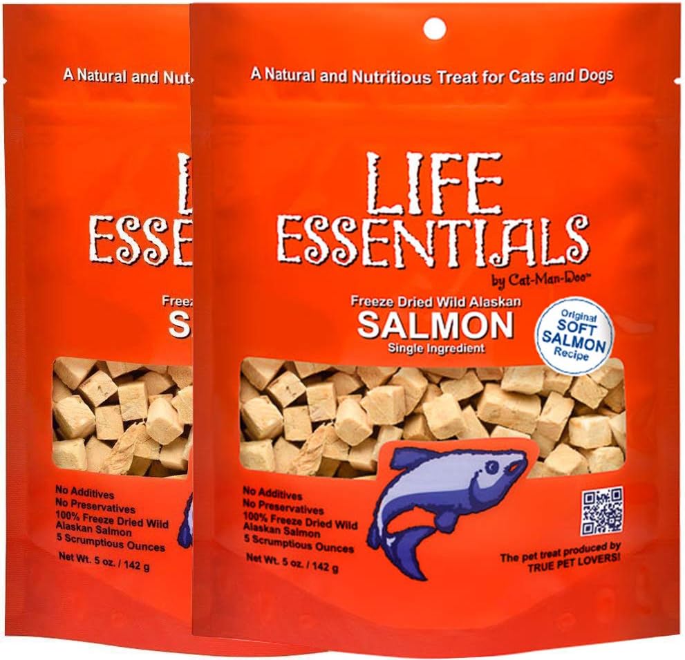 LIFE ESSENTIALS BY CAT-MAN-DOO All Natural Freeze Dried Wild Alaskan Salmon Treats for Cats & Dogs - Single Ingredient Grain Free Snack with No Additives or Preservatives, 5 Ounce Bag - 2 Pack