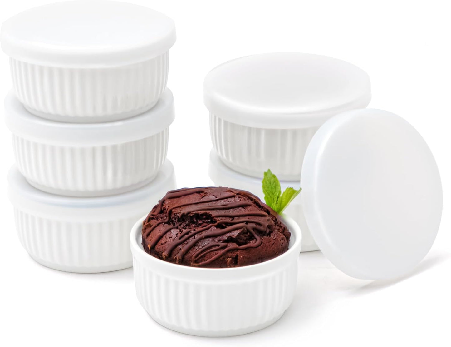 Nuwave 6pc Ceramic Ramekins w\/Lid 8oz, Classic Elegant Style Ramekins, Bake Souffles, Creme Brulées, Custards, Puddings, 4.3\u201D Wide & 2\u201D Tall, Oven, Microwave & Dishwasher-Safe, PFAS Free, Ivory White