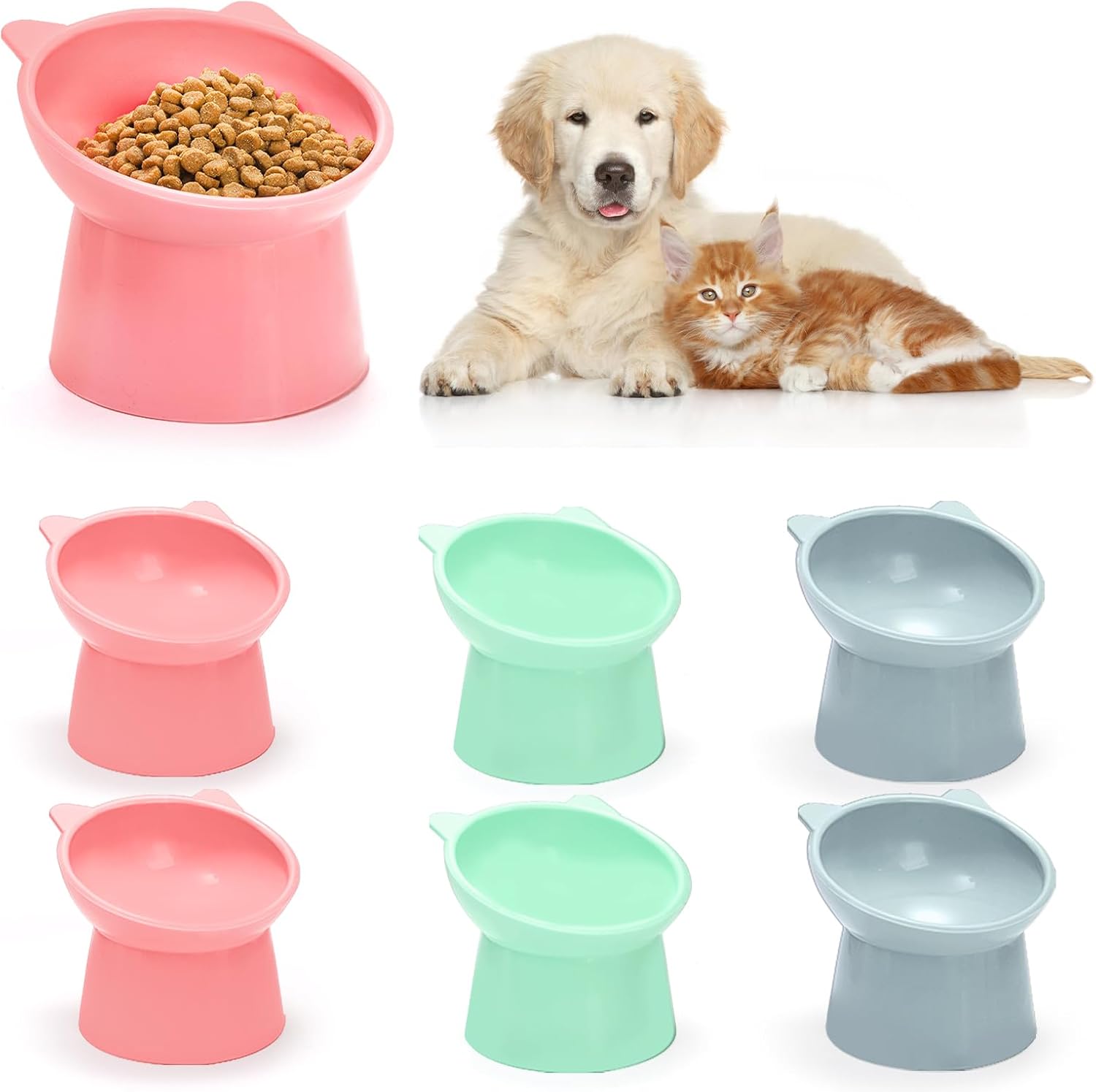 6 Pack Raised Cat Bowls for Indoor Cats, Plastic Elevated Cat Bowls Dishes, 15 Degrees Tilted Cat Food Bowls, Anti-Vomiting and Whisker Friendly, 3 Colors