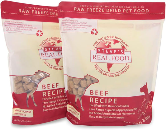 Steve's Real Food Freeze-Dried Raw Food Diet for Dogs and Cats, 2-Pack, Beef Recipe, 1.25 lbs in Each Bag, Made in The USA, Pour and Serve Nuggets, Grass Fed & Free Range