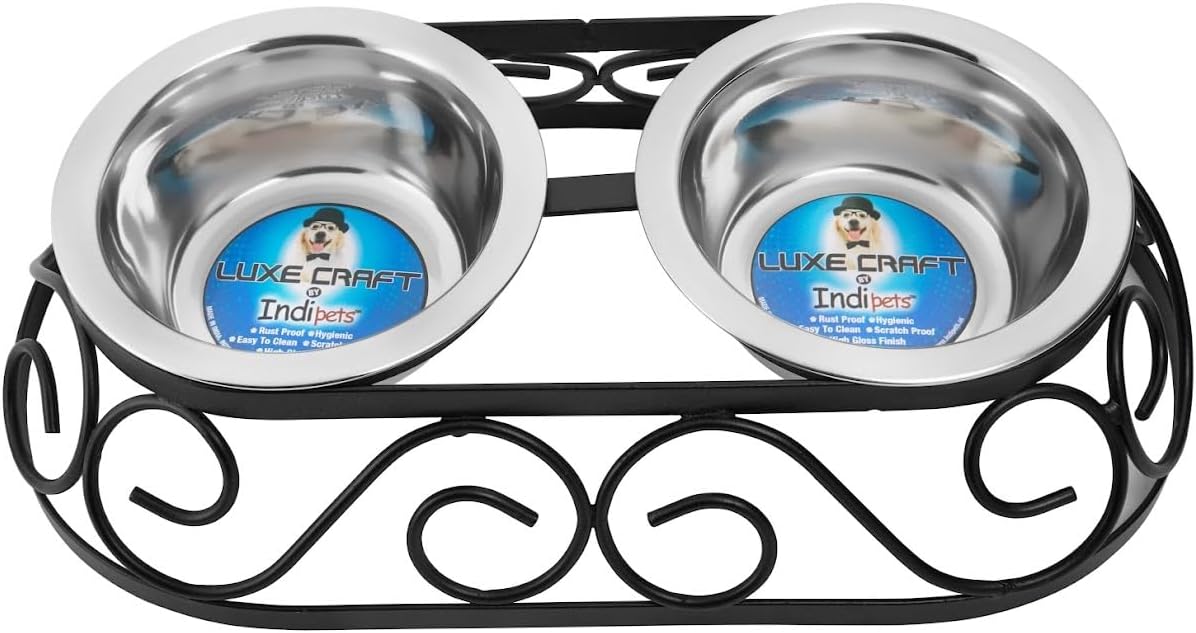 Indipets Oval Crown Wrought Iron Elevated Feeder with Two Stainless Steel Bowls for Dogs and Cats, Raised Bowls for pet, Heavy Duty Stainless Steel Bowls with Iron Stand (Large)