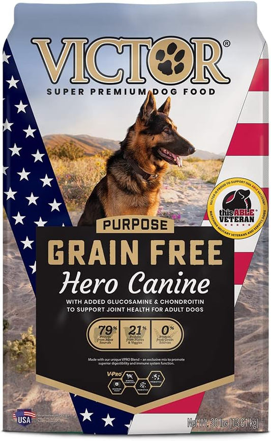 Victor Super Premium Dog Food \u2013 Purpose - Grain Free Hero Canine \u2013 Premium Gluten Free Dog Food for Active Adult Dogs \u2013 High Protein with Glucosamine and Chondroitin for Hip and Joint Health, 30lbs