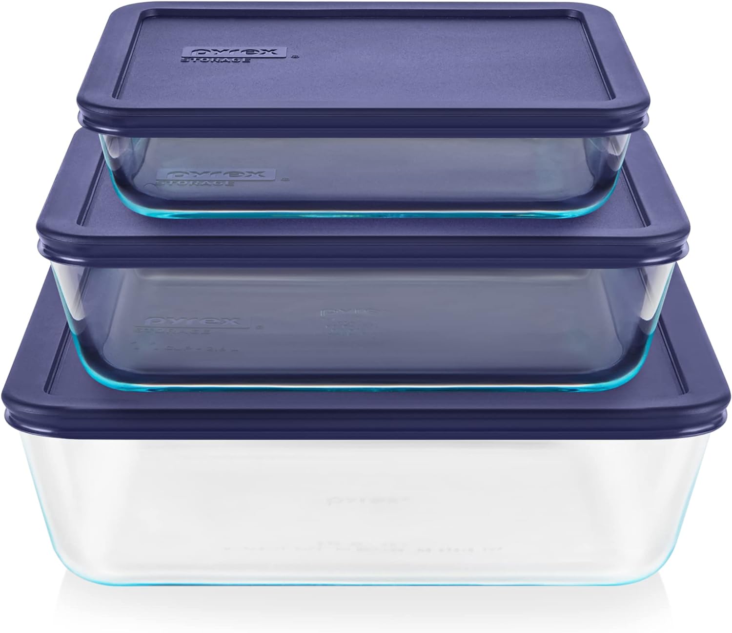 Pyrex Simply Store 3-Pack (3, 6 & 11 Cup) Large Rectangular Glass Food Storage Containers Set, Snug Fit Non-Toxic Plastic BPA-Free Lids, Freezer Dishwasher Microwave Safe