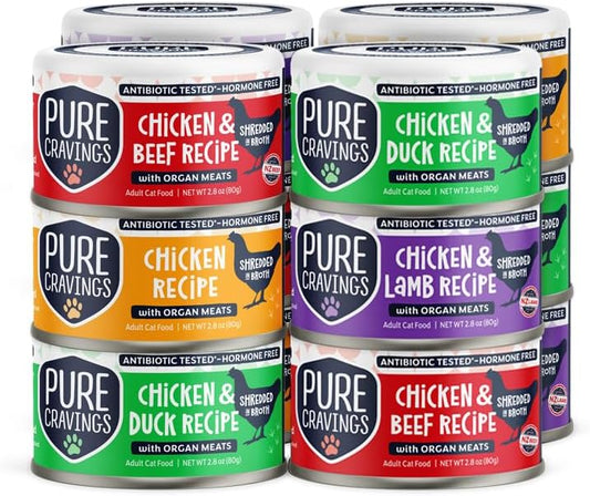 Pure Cravings in Chicken Recipe in Broth, Shredded Wet Cat Food, Grain-Free Protein, Non-GMO, Variety Pack of 12-3X Chicken, 3X Lamb, 3X Duck, 3X Beef