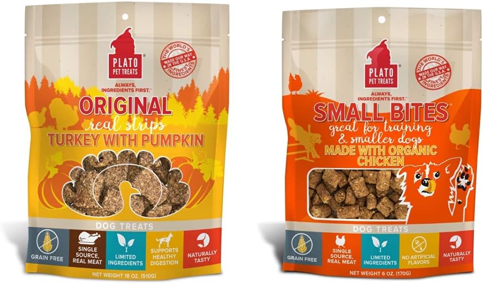 PLATO Turkey Real Strips Natural Dog Treats - Real Meat - Air Dried - Turkey & Pumpkin, 18 Ounces & Small Bites Natural Training Dog Treats - Real Meat - Organic Chicken Flavor, 6 Ounces