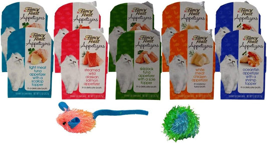 Fancy Feast Appetizers Gourmet Cat Complement 5 Flavor Variety 10 Can Plus 2 Catnip Toys Bundle, 2 each: Wild Alaskan Salmon, Tuna Scallop, White Meat Chicken, Oceanfish Shrimp, Tuna Sole (1.1 Ounces)