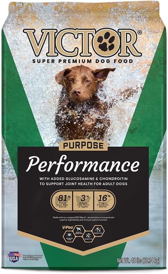 Victor Super Premium Dog Food \u2013 Performance Dry Dog Food \u2013 26% Protein for Active Adult Dogs \u2013 Includes Glucosamine and Chondroitin for Hip and Joint Health, 40lbs