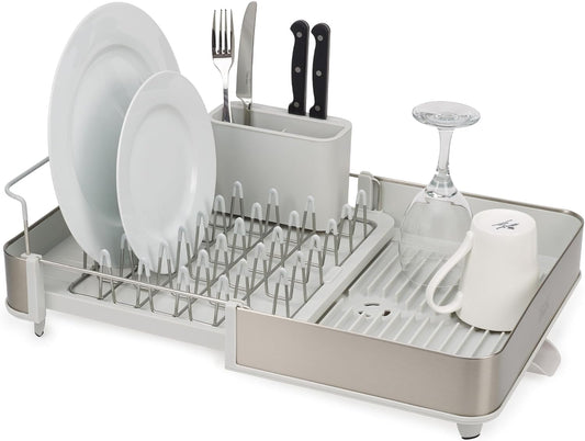 Joseph Joseph Extend Steel Expandable Dish Drying Rack with Removable Cutlery Holder Swivel Draining Spout, Stainless Steel