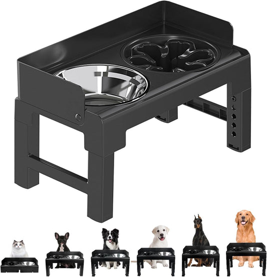 MYGODPET Elevated Dog Bowls 6 Height Adjustable Raised Dog Bowl Stand with Stainless Steel Bowl and Slow Feeder Bowl with Baffle Non-Slip Pet Bowls for Tall Large Medium Small Dogs Cats Black