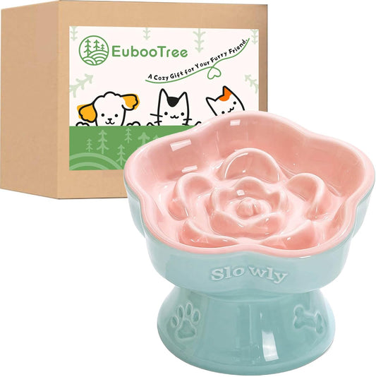 Ceramic Raised Slow Feeder Cat Bowl Elevated, Shallow Wide Tilted, Anti-Vomiting, Durable Cute Flower Pet Feeder Bowl for Dry Wet Food, Nonslip for Indoor Cats, Pink