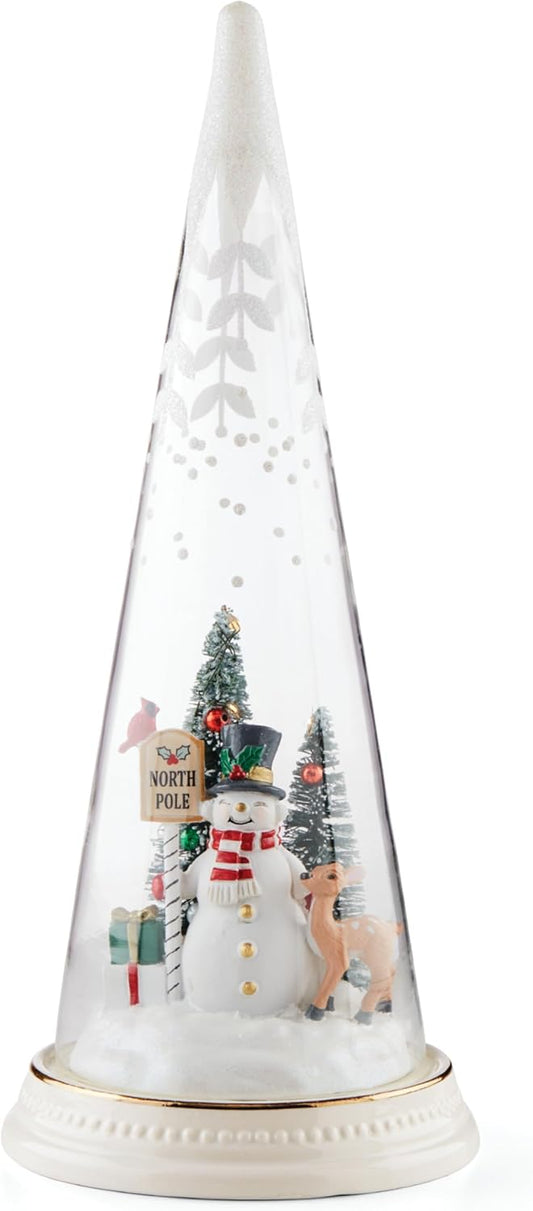 Lenox 895174 Lit Christmas Cone with North Pole Snowman Scene, Holiday Decor