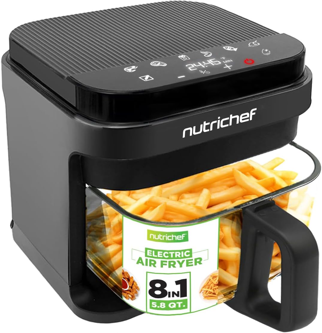 Nutrichef 5.8 Quart Air Fryer 8-1 Preset Cook Modes Transparent Fry Bowl for Best Cooking Results Cook Shrimp, Steak, Fries, Wings, Chicken & More Precise Temperature Control & Time Black