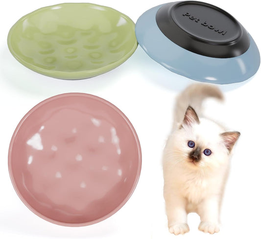 Cat Bowls,Ceramic Cat Food Bowl for Indoor Cat,Whisker Fatigue Cat Bowl,Non-Slip Shallow Cat Dishes for Food and Water,With Silicone Base Kitten Bowls for Feeding Cat,Kitten,Small Dog,3 Color