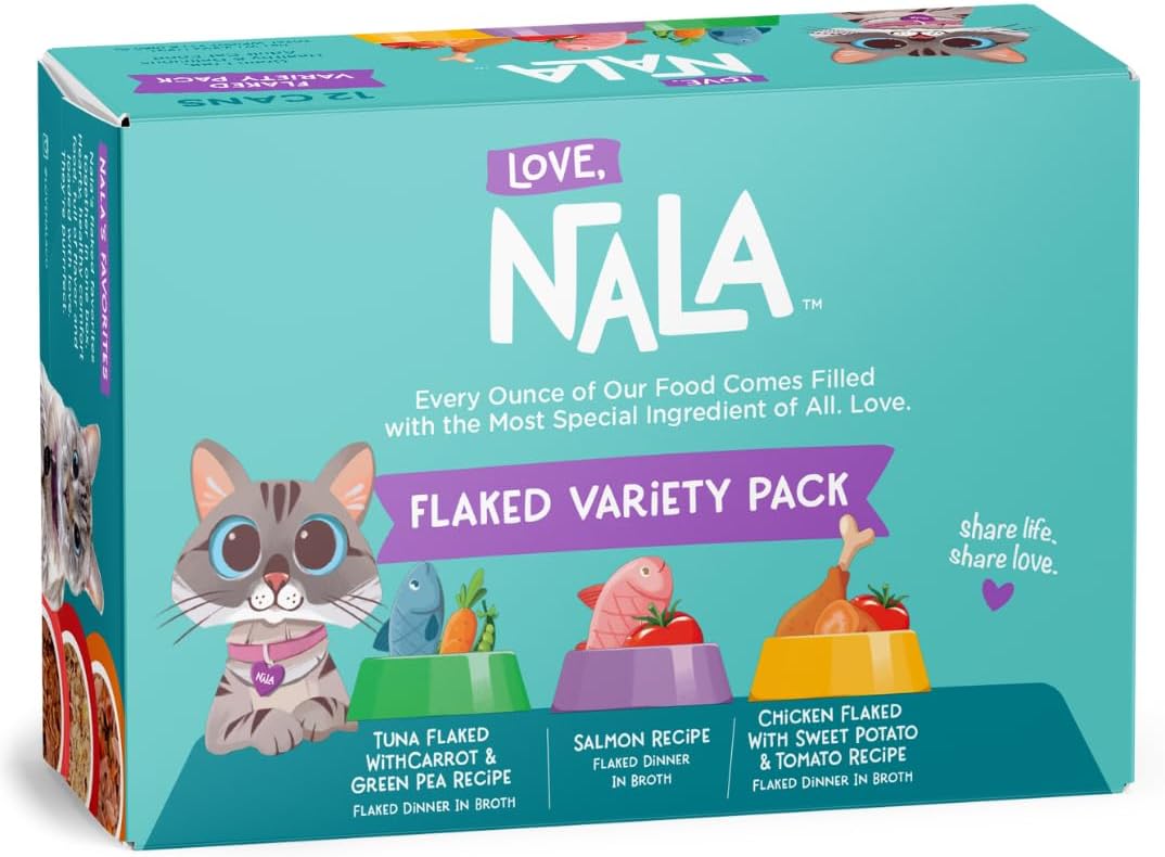 LOVE, NALA - Natural Adult Cat Wet Food - FLAKED Variety Pack - Salmon, Tuna, Chicken - Grain Free, Non-GMO, Lean Protein, Omega 3, Digestive Fiber Blend, Added Minerals & Vitamins - 12 Pack 2.4 lbs.