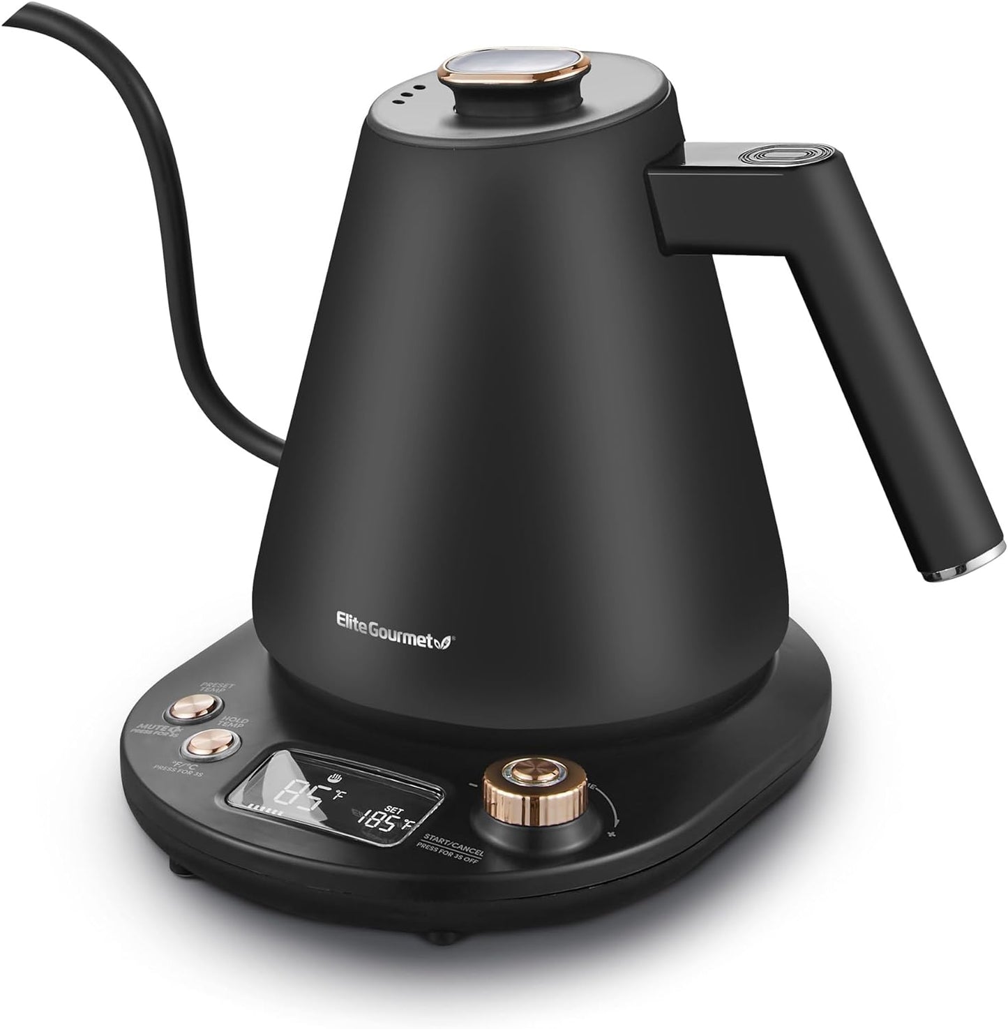 Elite Gourmet EKT3001 1L Digital #304 Stainless Steel Interior 1200W Kettle Pre-Programmed Temperatures, Keep Warm, Cordless, 360° Base, 90° Gooseneck Spout, Auto Shut-Off Function, Matte Black