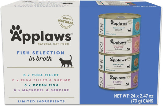 Applaws Natural Wet Cat Food in Broth, Limited Ingredient Canned Wet Cat Food, Cat Food Variety Pack, Made with Natural Ingredients, Fish Selection Variety Pack in Broth (24 x 2.47oz Cans)