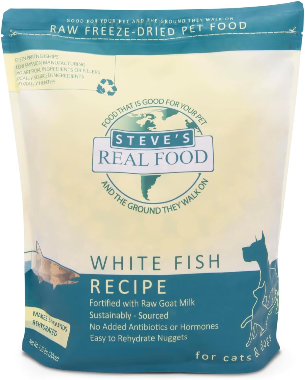 Steve's Real Food Freeze-Dried Raw Food Diet for Dogs and Cats, White Fish Recipe, 1.25 lbs in Each Bag, Made in The USA, Pour and Serve Nuggets, Sustainably Sourced