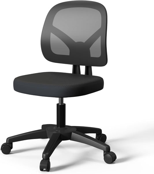 KOLLIEE Armless Mesh Office Chair Ergonomic Small Desk Chair No Arms Black Swivel Computer Chair with Wheels Task Chair for Small Spaces Mid Back Home Office Chair for Adults and Kids