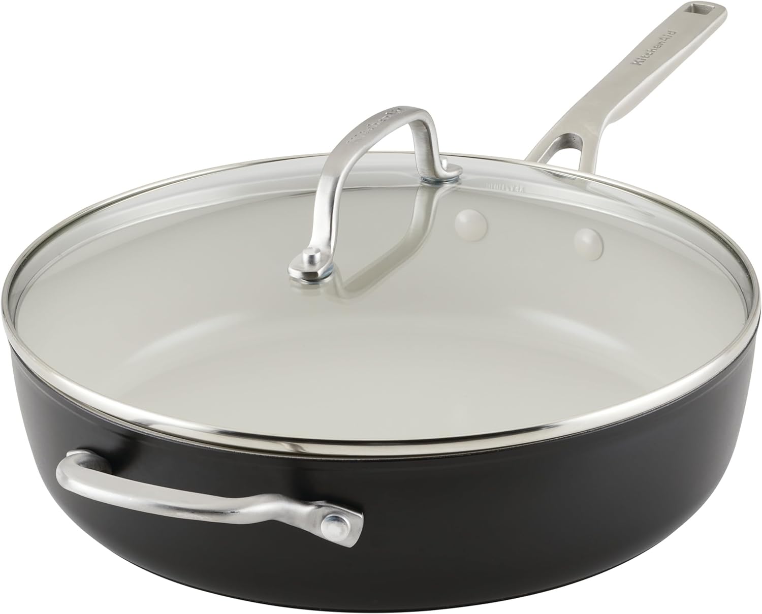 KitchenAid Hard Anodized Ceramic 5-Quart Nonstick Sauté Pan with Shatter-Resistant Lid & Riveted Handle \u2013 Durable, Even Heating, Easy Clean, Oven Safe to 500°F, Matte Black